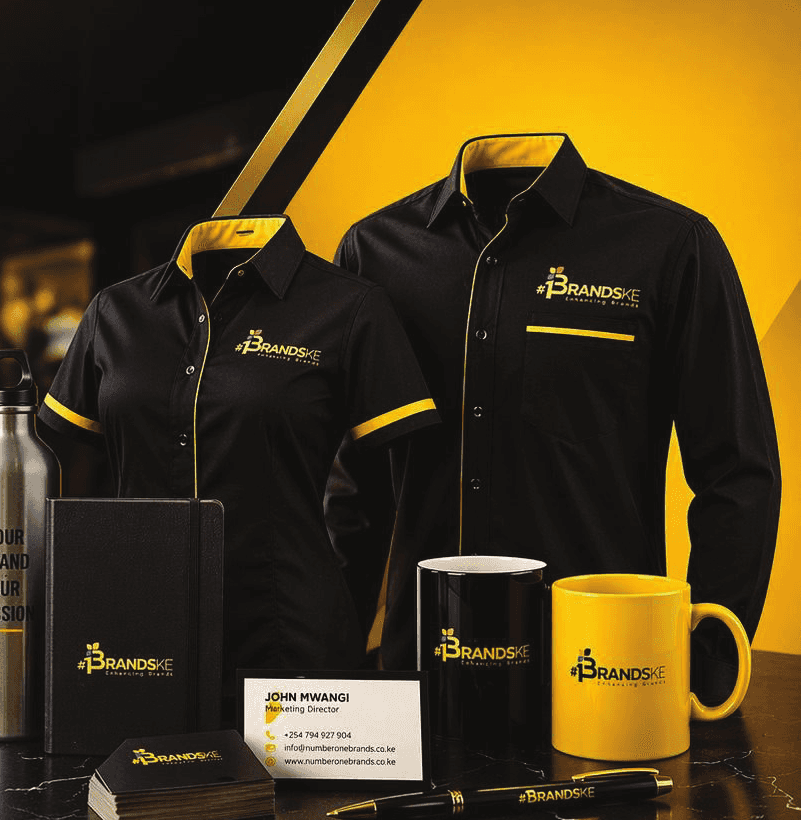 Black and yellow branded corporate shirts, mugs, notebook, water bottle, business cards and pen, all carrying one company logo